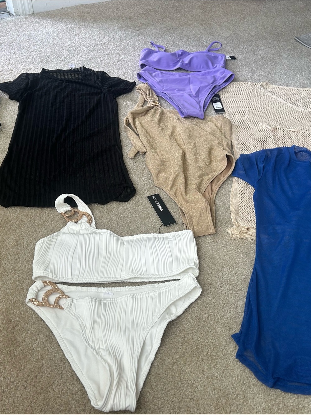 Fashion Nova White Ribbed One-Shoulder Bikini Set with Gold Rings